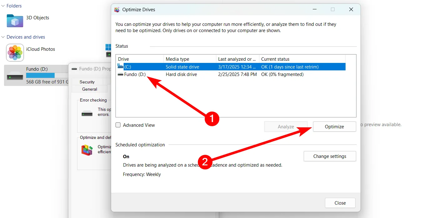 Tiến hành tối ưu hóa ổ cứng HDD trong cửa sổ 'Optimize Drives' của Windows 11.