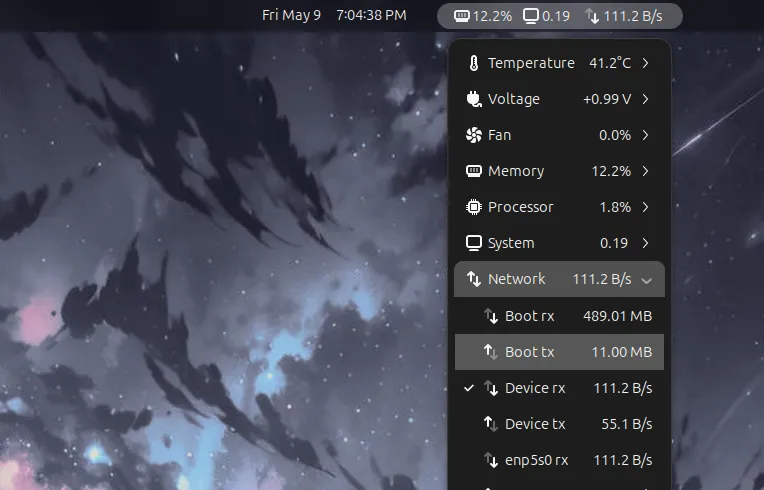 Tiện ích mở rộng Vitals của GNOME hiển thị hoạt động mạng và lưu lượng dữ liệu trên Linux