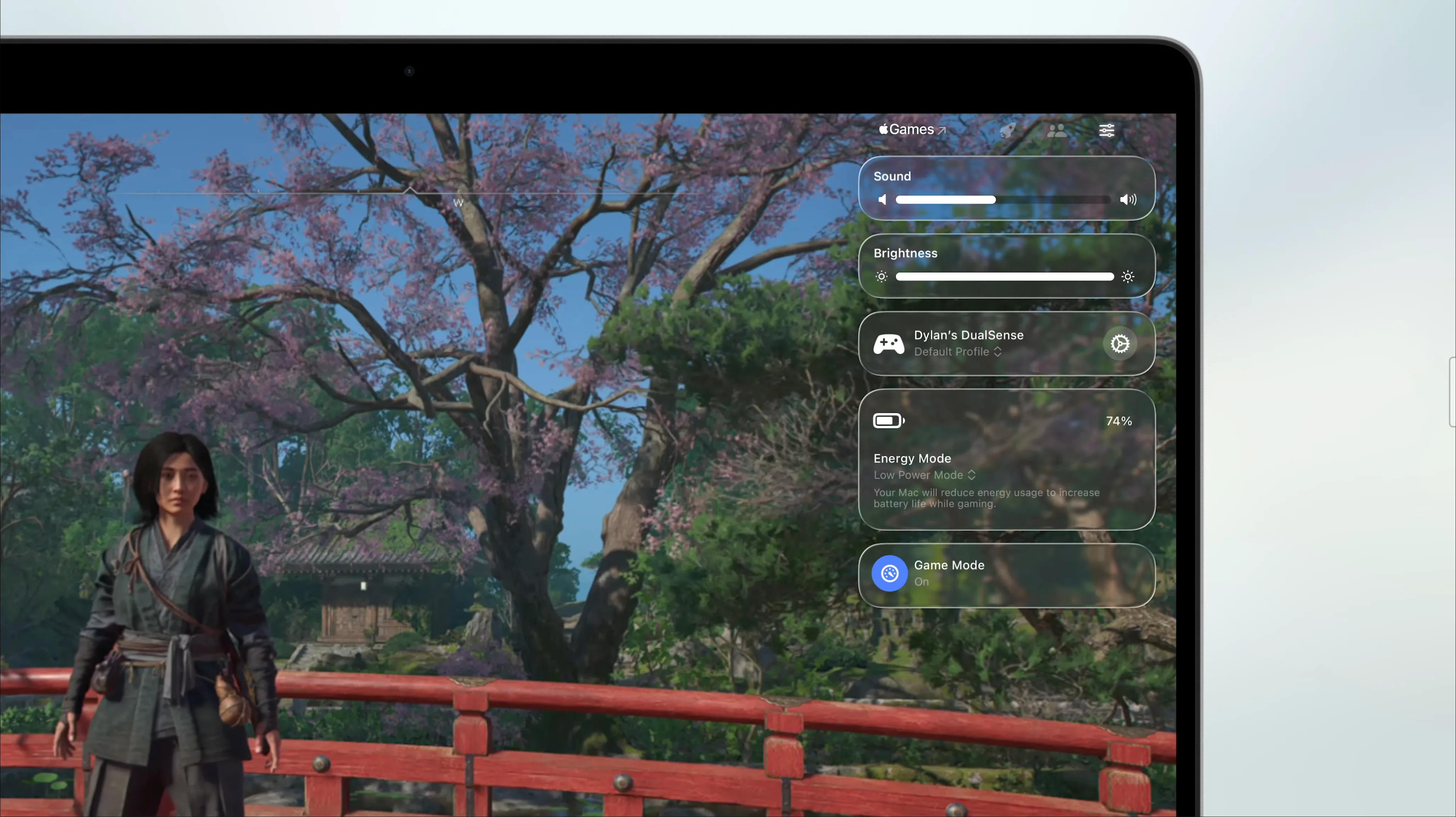 Tính năng Game Overlay trên macOS 26 Tahoe, cho phép người chơi truy cập nhanh cài đặt hệ thống và tương tác với bạn bè trong khi đang chơi game.