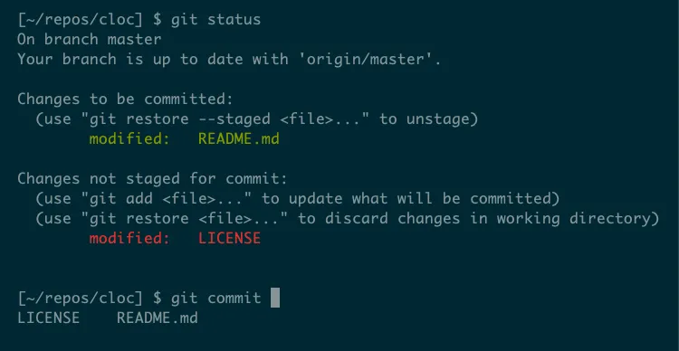 Tính năng tự động hoàn thành của 'git commit' hiển thị danh sách hai tệp đã được sửa đổi và sẵn sàng để commit.