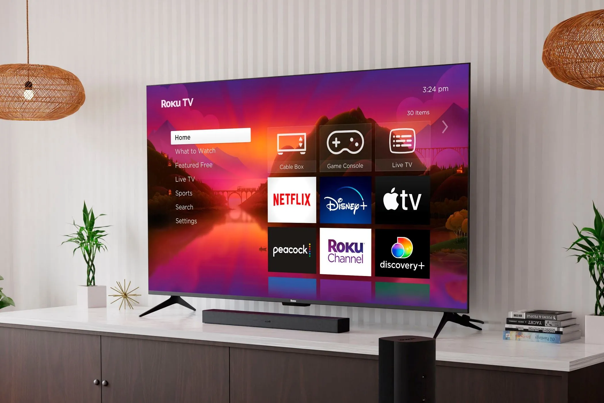 Tivi Roku Plus Series với màn hình lớn hiển thị nội dung sống động, đặt trong không gian phòng khách hiện đại, minh họa cho trải nghiệm giải trí tại nhà.
