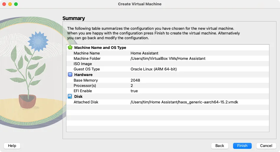 Tóm tắt cấu hình máy ảo Home Assistant đã tạo trong VirtualBox, bao gồm tên, hệ điều hành và ổ đĩa cứng ảo.