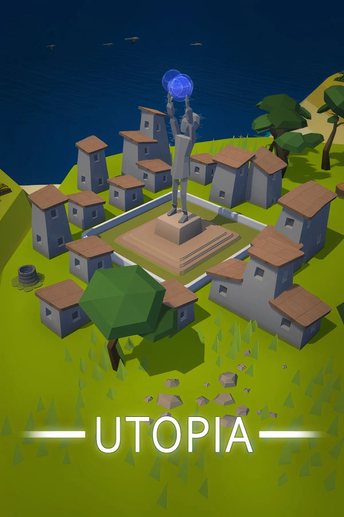 Tổng hợp các ảnh chụp màn hình gameplay của Utopia, cho thấy giao diện quản lý tài nguyên và xây dựng trên một hòn đảo.