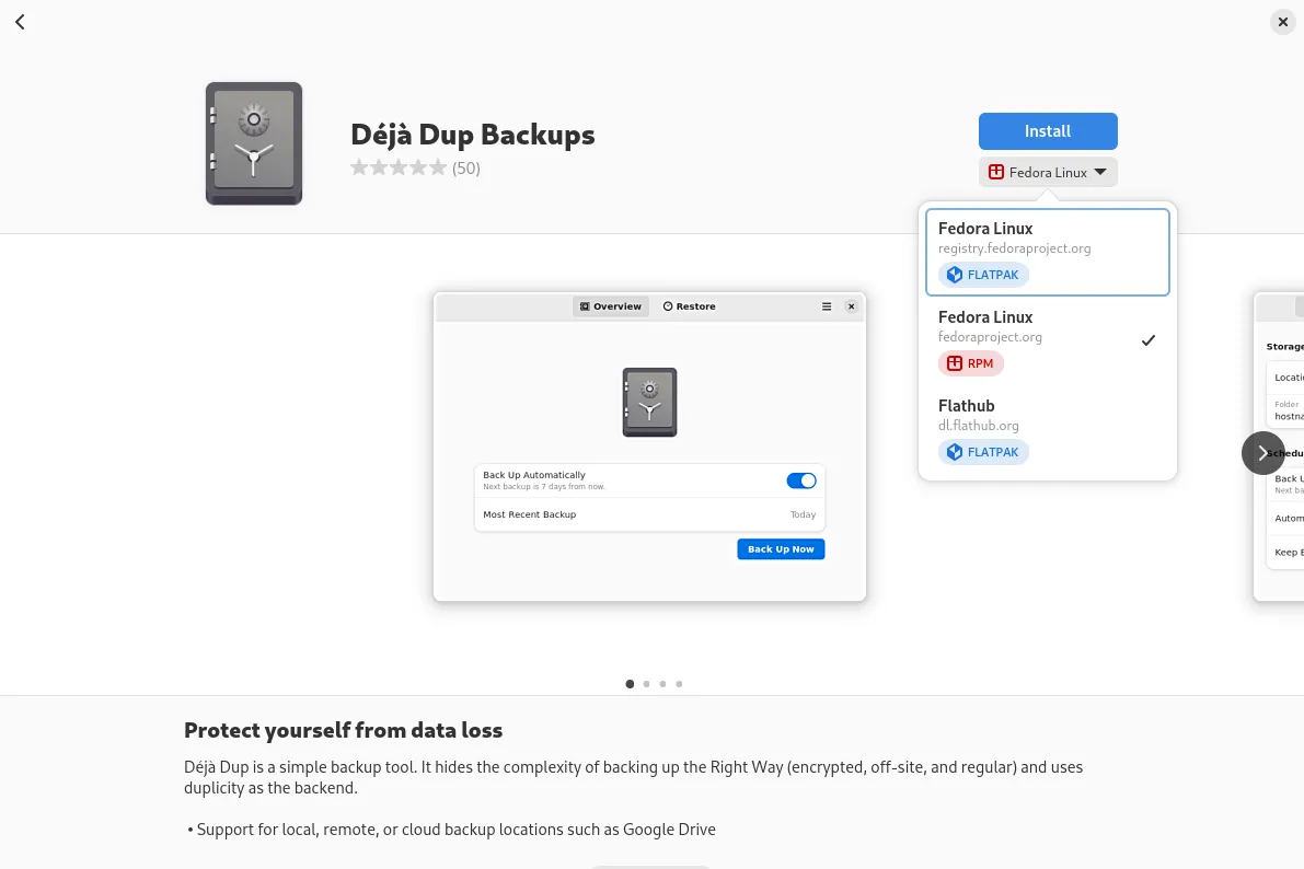 Tổng quan và mô tả công cụ sao lưu Déjà Dup trong trung tâm phần mềm GNOME