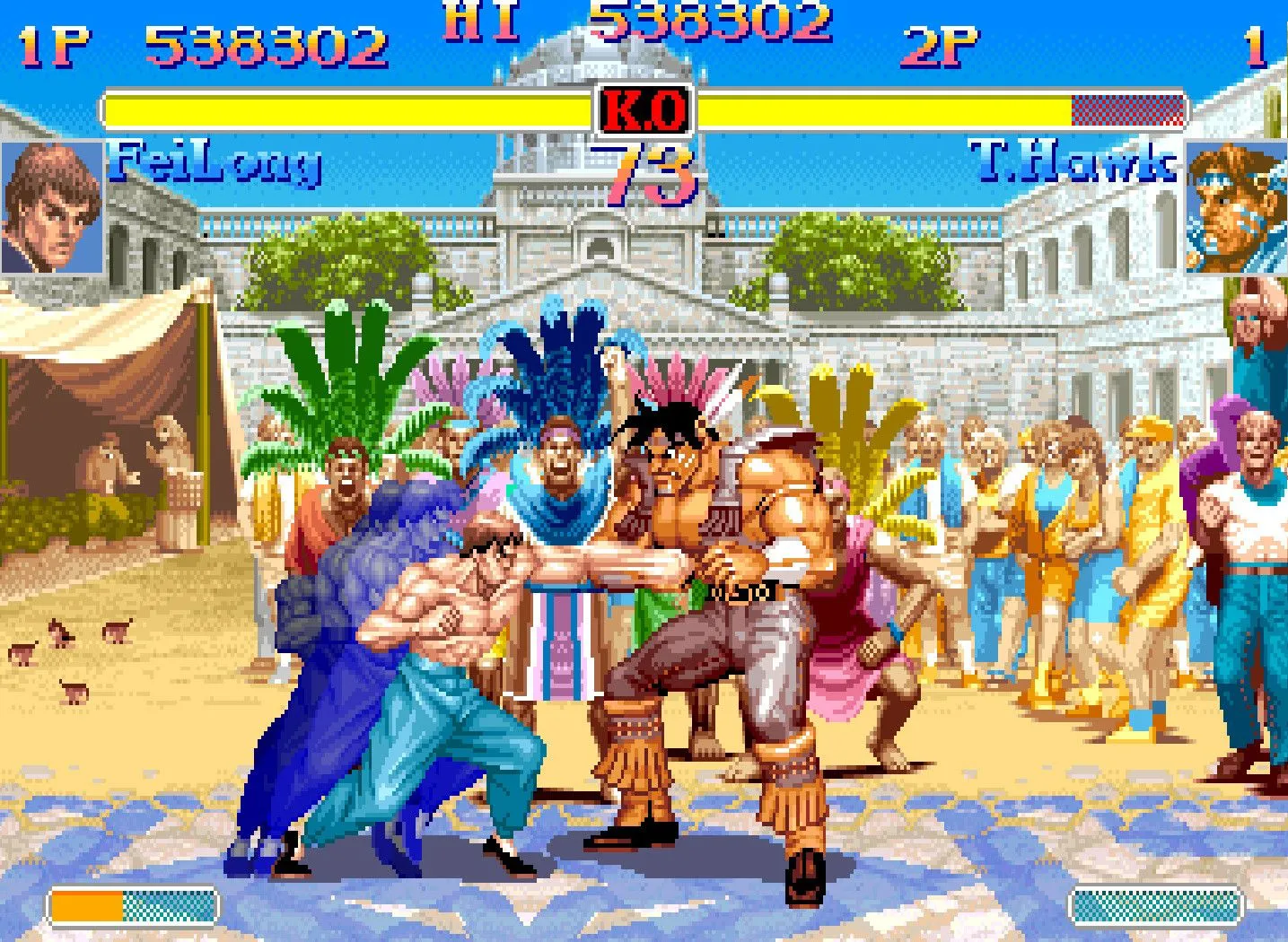 Trận đấu giữa Fei Long và T. Hawk trong Super Street Fighter II Turbo, một tựa game đối kháng kinh điển của Capcom.