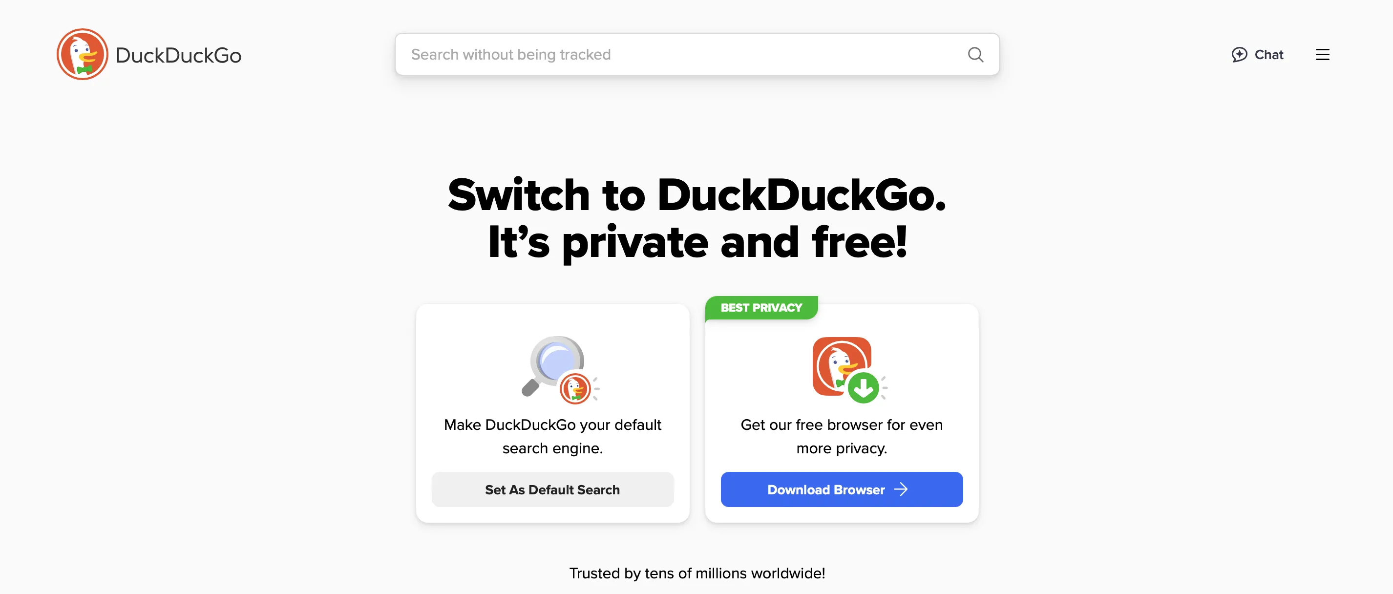Trang chủ công cụ tìm kiếm DuckDuckGo, tập trung vào quyền riêng tư người dùng