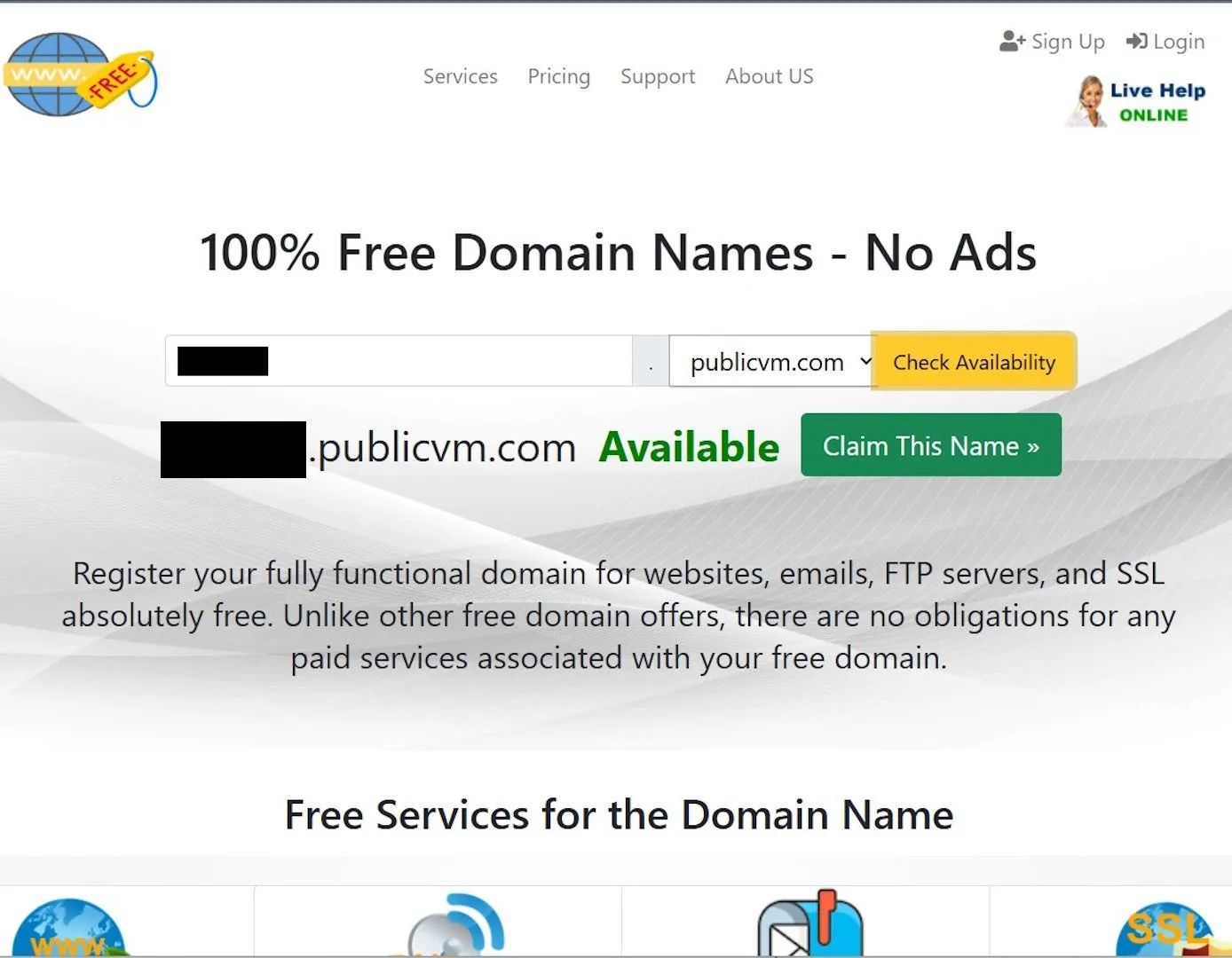 Trang đăng ký tên miền miễn phí trên Free Domain, hiển thị các bước nhập tên miền mong muốn.