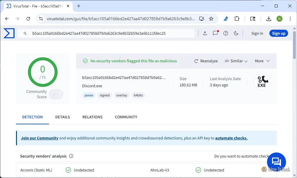 Trang kết quả chi tiết trên VirusTotal hiển thị báo cáo quét cho một tệp thực thi, cung cấp thông tin sâu rộng về khả năng nhiễm độc.