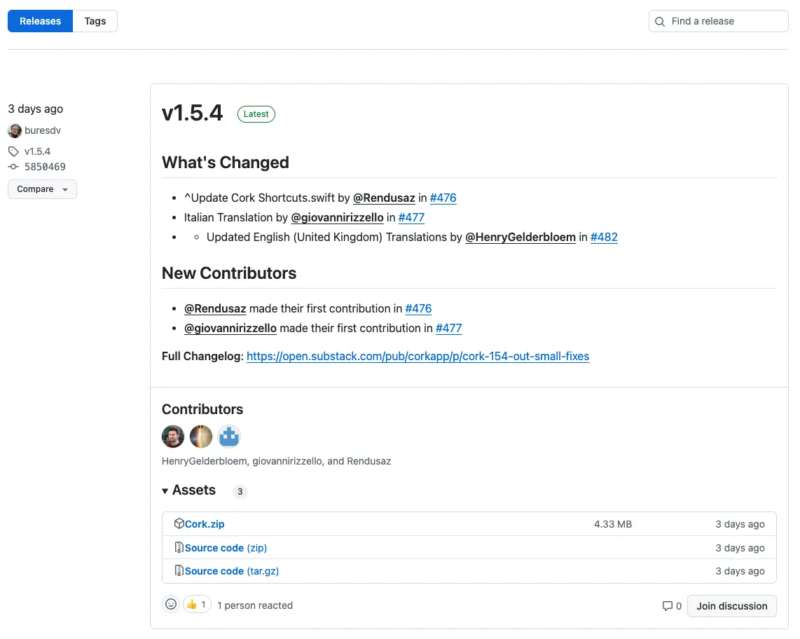 Trang Releases trên GitHub, cho phép người dùng tải xuống phiên bản phần mềm đóng gói cụ thể.