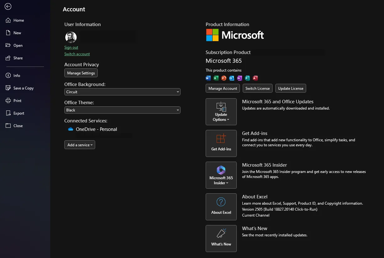 Trang tài khoản Microsoft Excel sau khi chọn chủ đề đen, hiển thị giao diện đã chuyển sang màu tối.