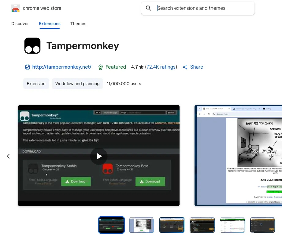 Trang tiện ích mở rộng Tampermonkey trên Chrome Web Store, công cụ để chạy script tùy chỉnh