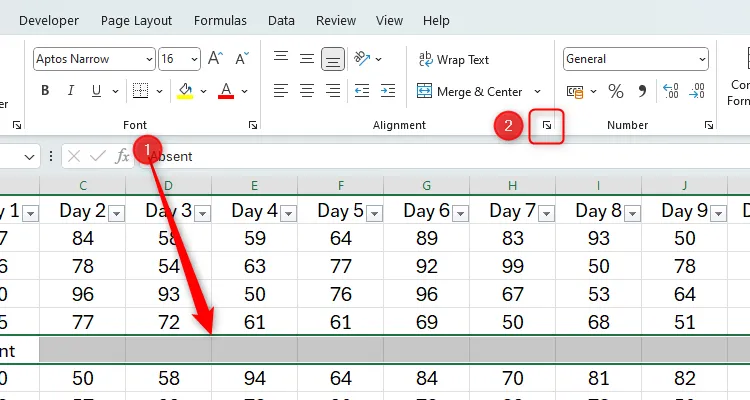 Trang tính Excel với một hàng được chọn và biểu tượng Alignment được tô sáng để mở hộp thoại Format Cells