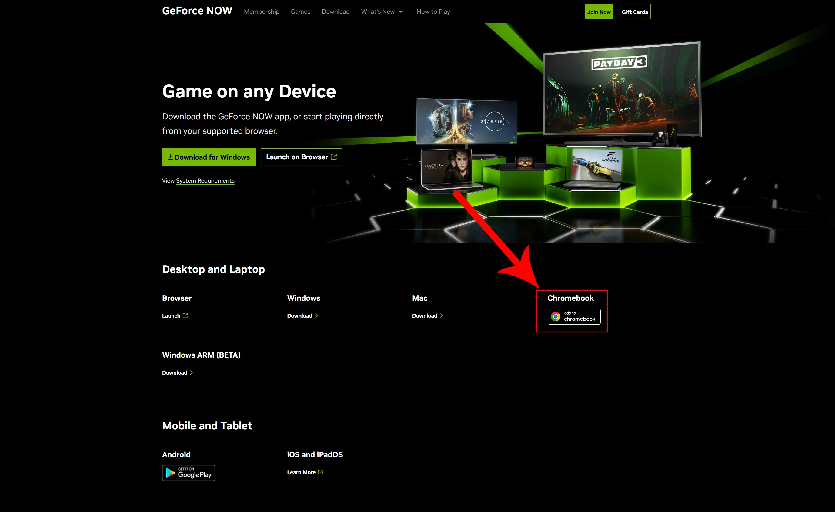 Trang web chính thức của NVIDIA GeForce NOW với nút &quot;Add to Chromebook&quot; được chỉ rõ