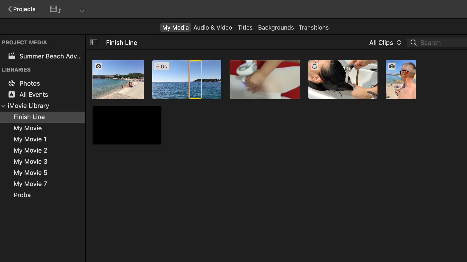 Trình duyệt phương tiện iMovie trên Mac hiển thị cận cảnh các tùy chọn video, giúp bạn dễ dàng tìm kiếm và chọn clip.