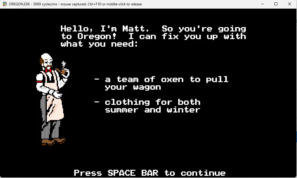 Trò chơi The Oregon Trail đang chạy trên DOSBox Staging.