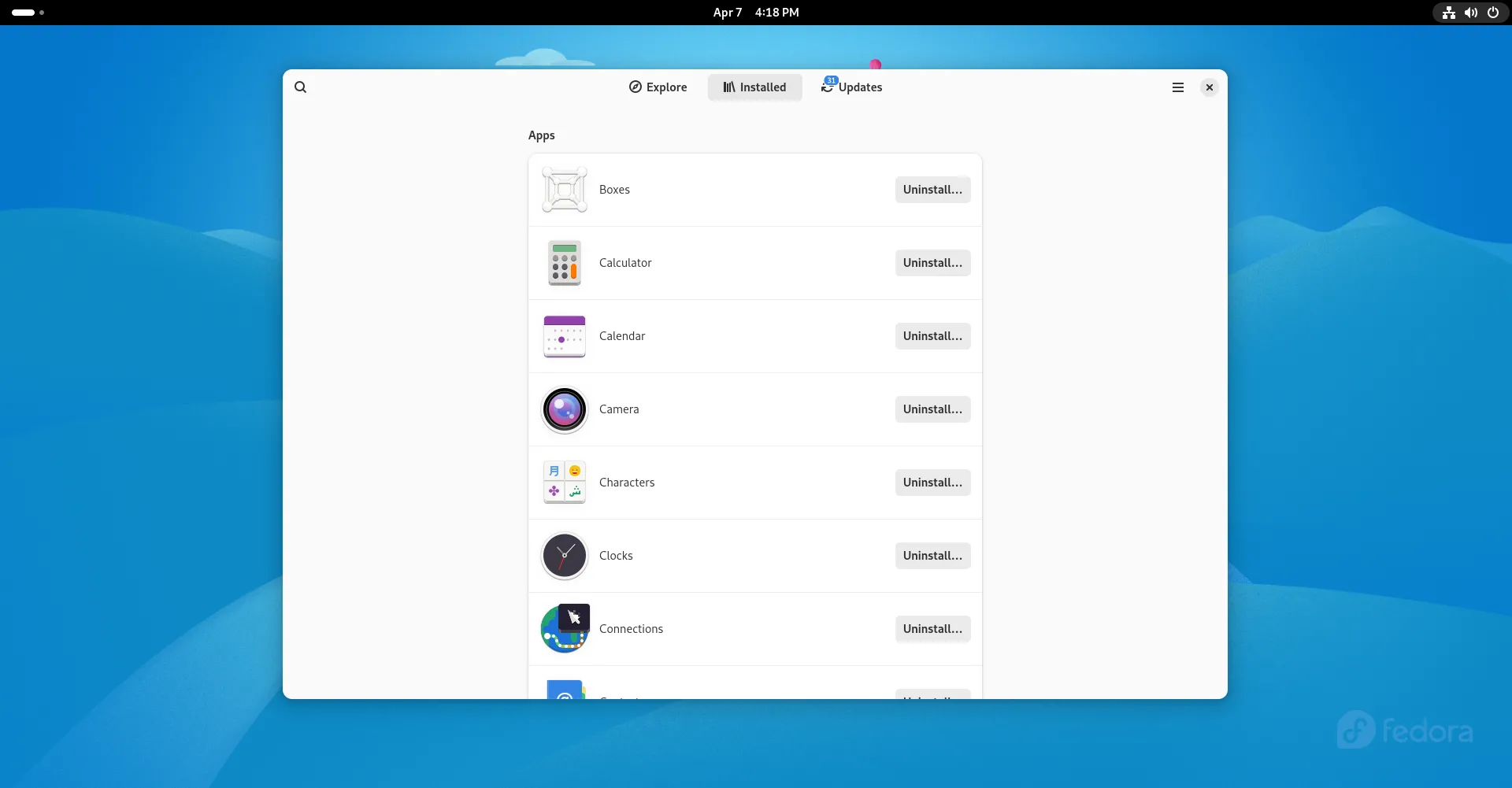 Trung tâm phần mềm GNOME hiển thị danh sách các ứng dụng đã cài đặt trên Fedora