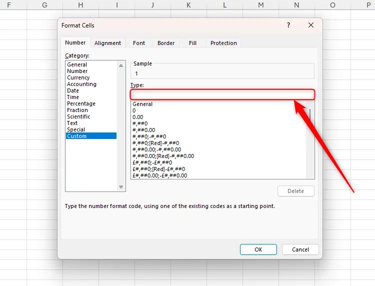 Trường Type trong phần Custom của hộp thoại Format Cells trong Excel, nơi người dùng nhập mã định dạng số tùy chỉnh.
