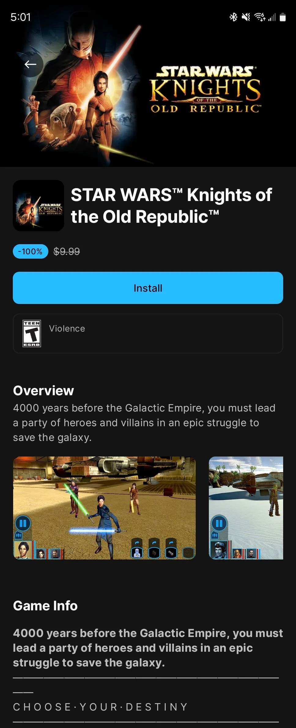 Tựa game Star Wars Knights of the Old Republic miễn phí trên Epic Games Store Android.
