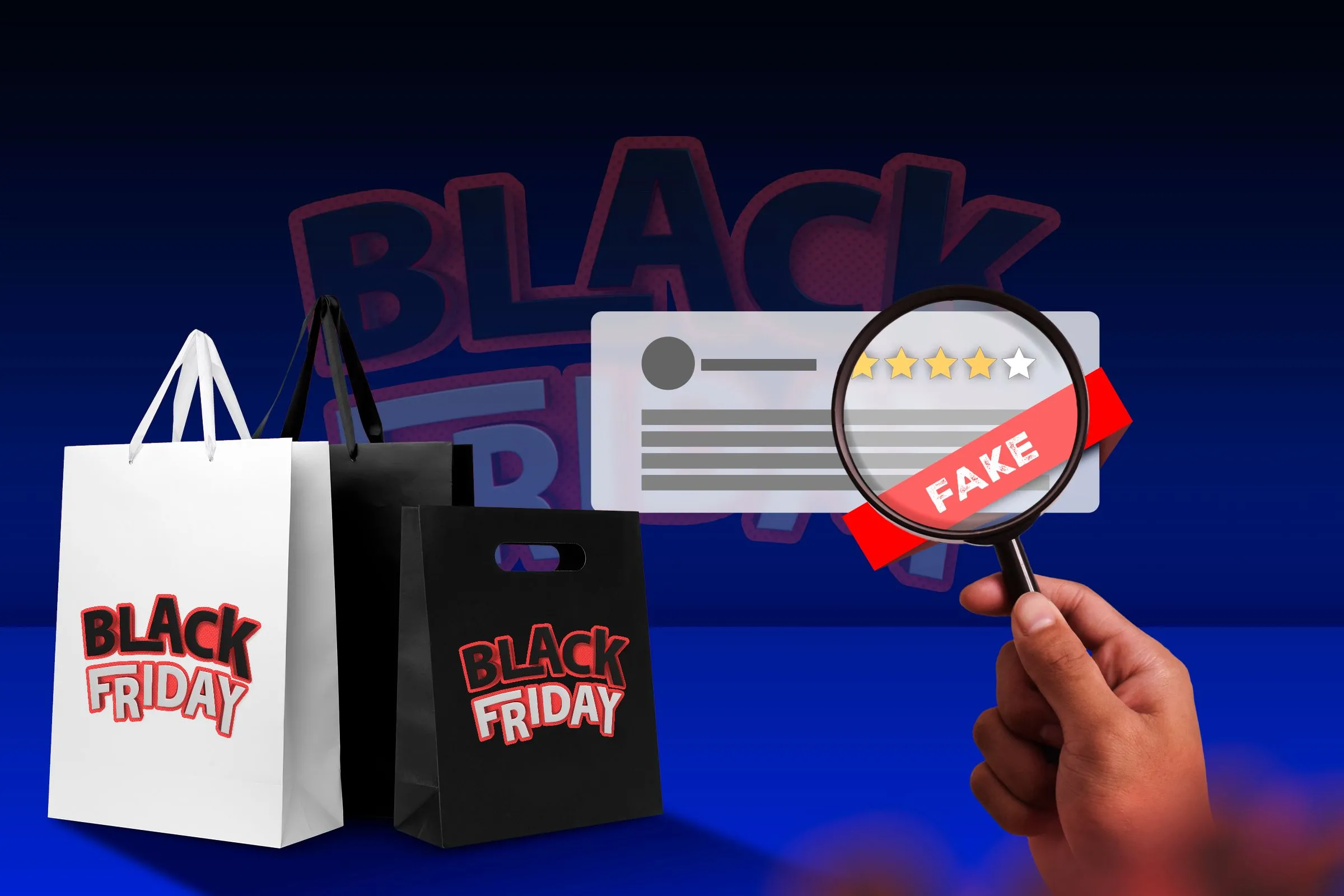 Túi mua sắm Black Friday và bàn tay cầm kính lúp xem xét một đánh giá giả mạo. Hướng dẫn cách phát hiện đánh giá không trung thực khi mua sắm.