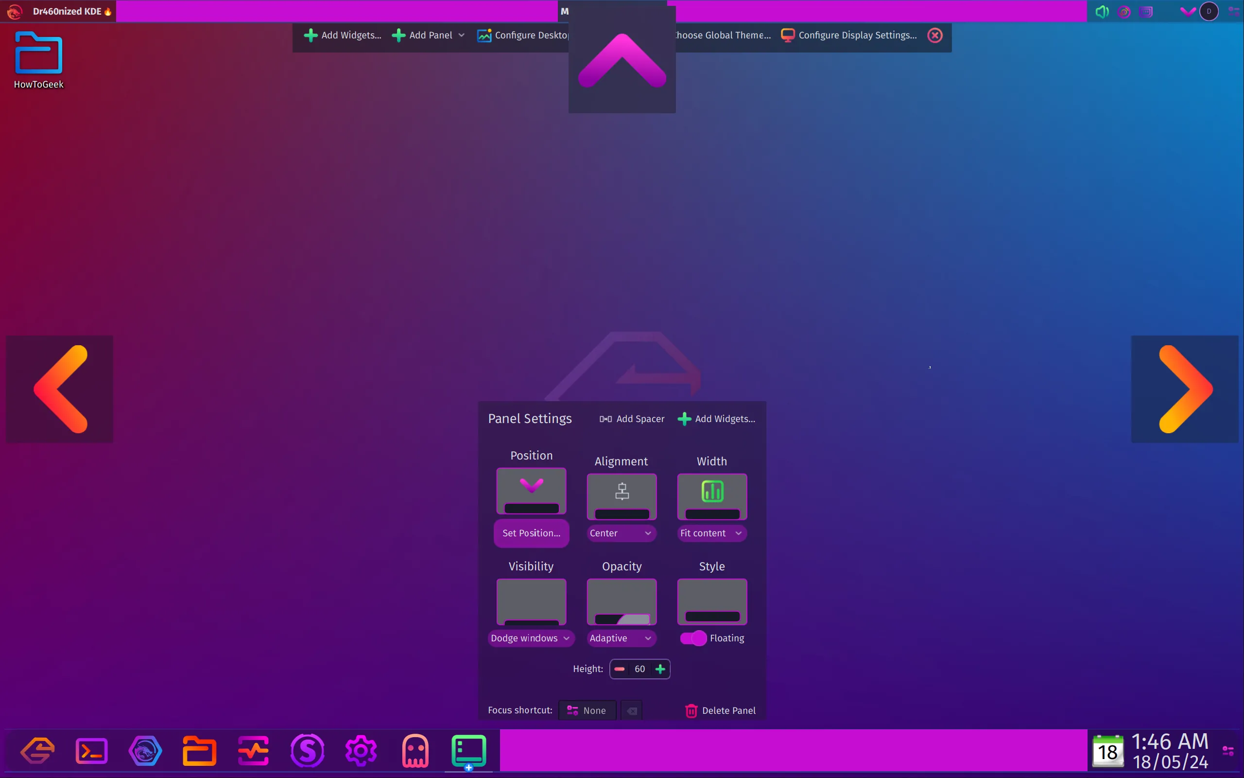 Tùy chỉnh vị trí và các tùy chọn bảng điều khiển (panel) trên Garuda Linux với môi trường KDE Plasma