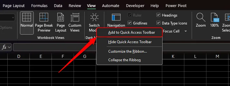 Tùy chọn &quot;Add To Quick Access Toolbar&quot; cho nút &quot;Switch Modes&quot; trong Excel, giúp truy cập nhanh chức năng bật/tắt chế độ tối.