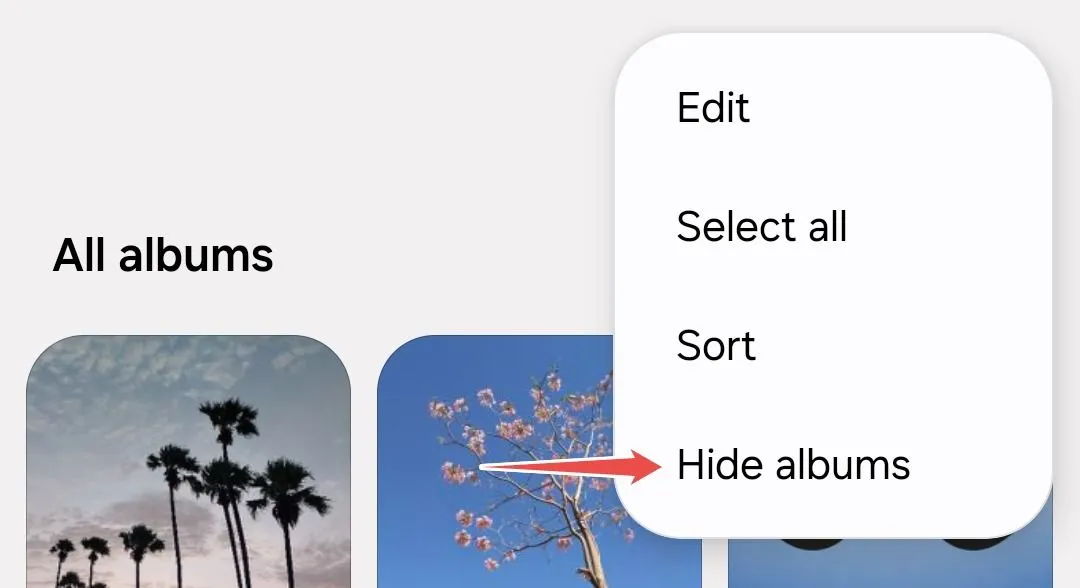 Tùy chọn &quot;Ẩn Album&quot; trong menu cài đặt của Samsung Gallery