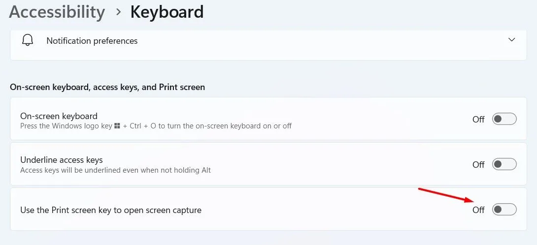Tùy chọn Bật/Tắt Sử dụng phím Print Screen để mở Chụp màn hình trong ứng dụng Cài đặt.