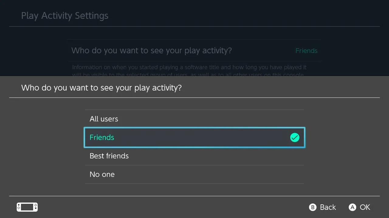 Tùy chọn cài đặt hoạt động chơi game và quyền riêng tư lịch sử game trên Nintendo Switch.