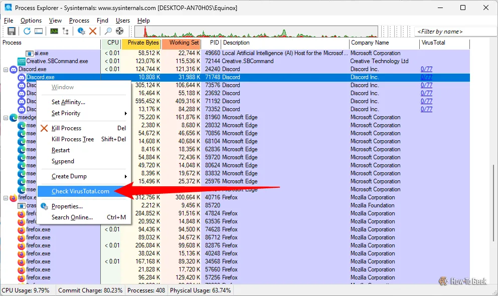 Tùy chọn 'Check VirusTotal.com' khi click chuột phải vào một tiến trình trong Process Explorer, cho phép quét file thực thi để kiểm tra phần mềm độc hại.