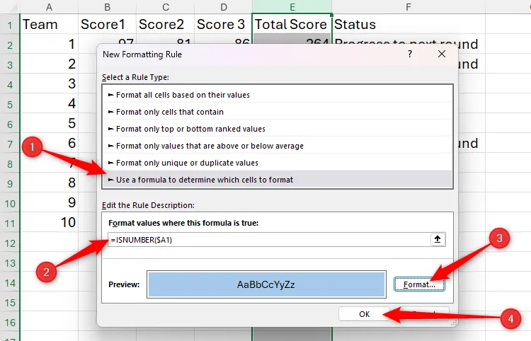 Tùy chọn công thức trong Excel, với tùy chọn Use A Formula To Determine Which Cells To Format được chọn, công thức được nhập vào trường và màu nền xanh lam được chọn trong tùy chọn Format