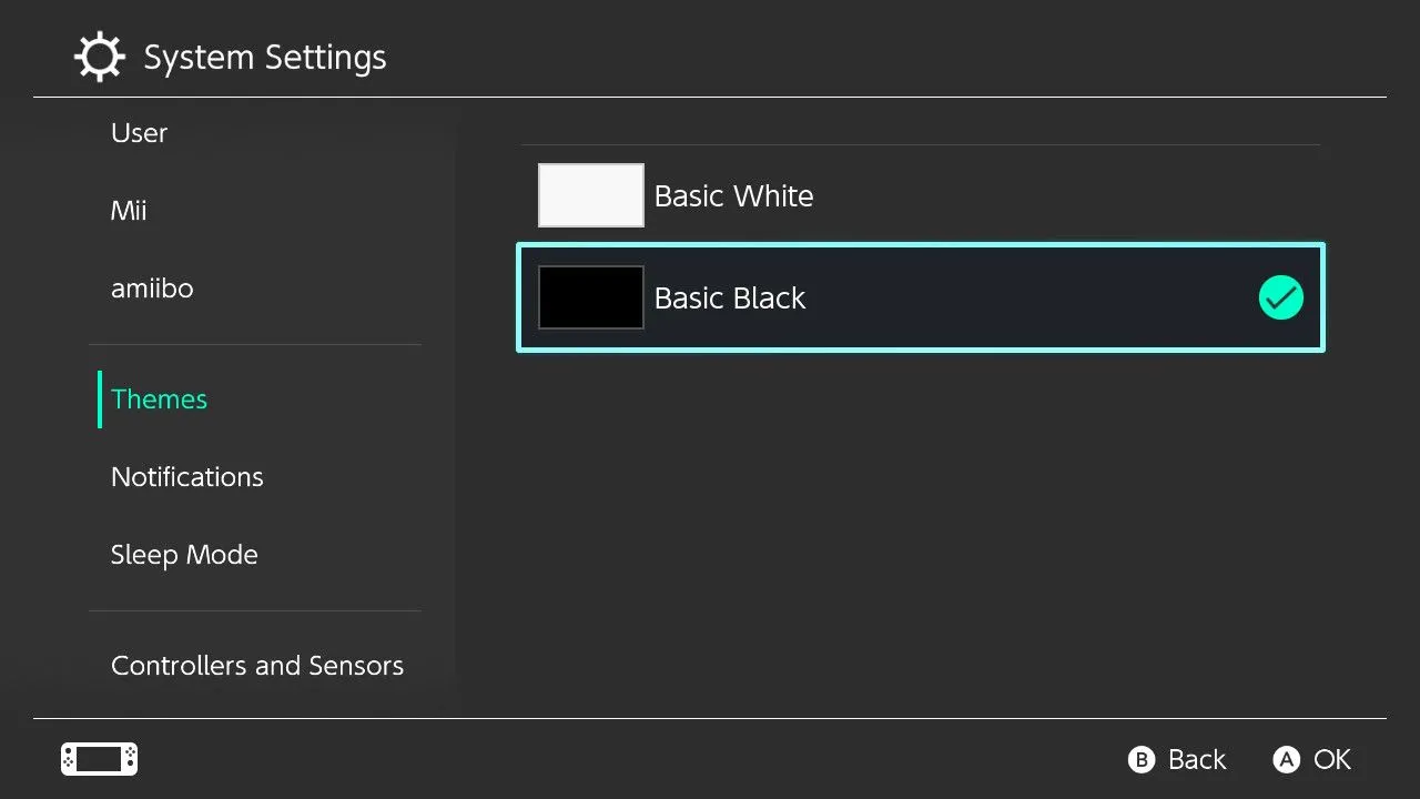Tùy chọn đổi chủ đề (Themes) từ Light sang Dark trên hệ thống cài đặt Nintendo Switch.