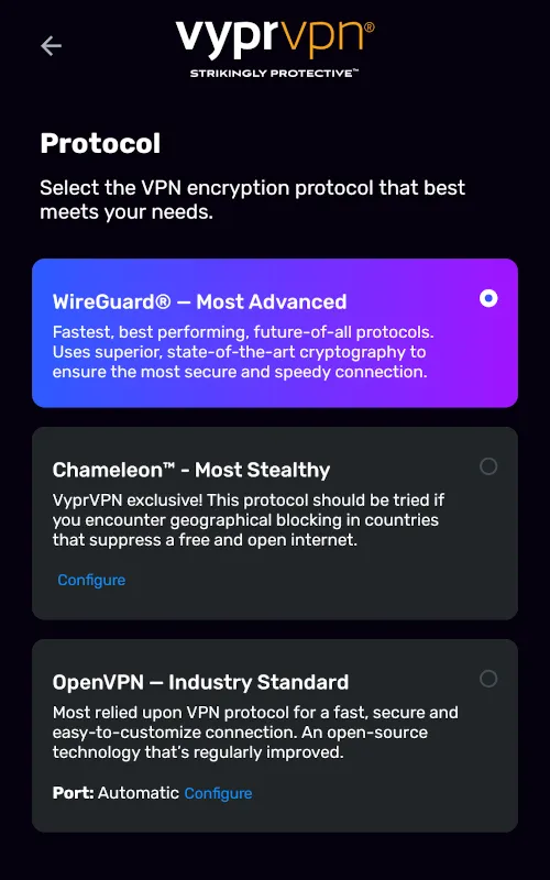 Tùy chọn giao thức VPN trong cài đặt của VyprVPN, bao gồm WireGuard, OpenVPN và Chameleon