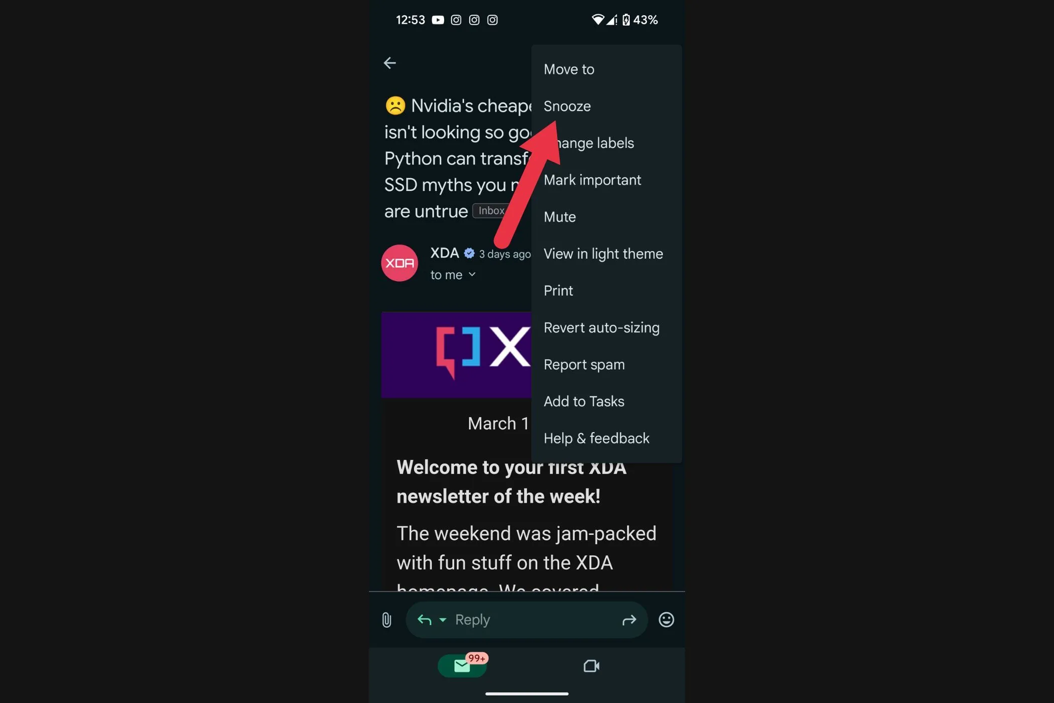 Tùy chọn Hoãn email trong menu ngữ cảnh Gmail