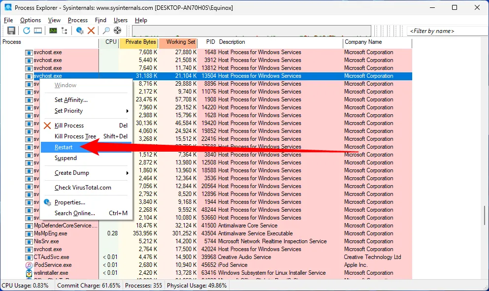 Tùy chọn khởi động lại hoặc kết thúc một tiến trình trong Process Explorer, cho phép người dùng kiểm soát các ứng dụng gặp sự cố hiệu quả.