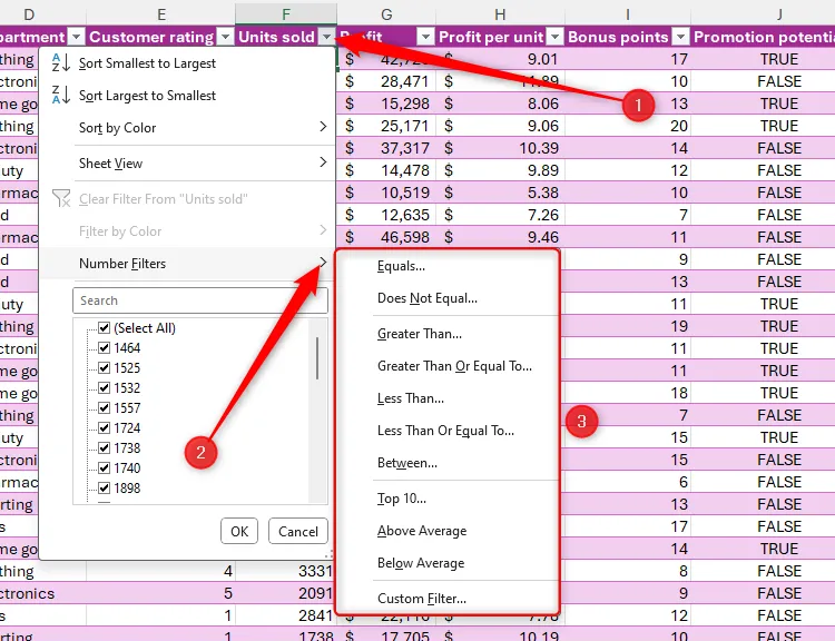 Tùy chọn lọc số trong bộ lọc của bảng Microsoft Excel.
