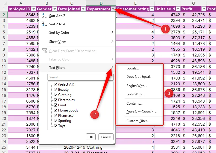 Tùy chọn lọc văn bản trong bộ lọc của bảng Microsoft Excel.