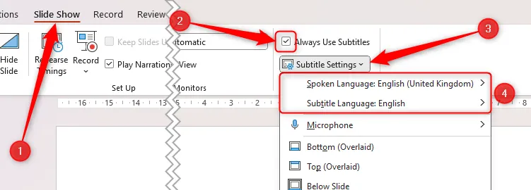 Tùy chọn &quot;Luôn sử dụng Phụ đề&quot; được chọn trong Microsoft PowerPoint, và các tùy chọn ngôn ngữ nói và phụ đề được đặt thành tiếng Anh, sẵn sàng cho việc trình chiếu với phụ đề trực tiếp.