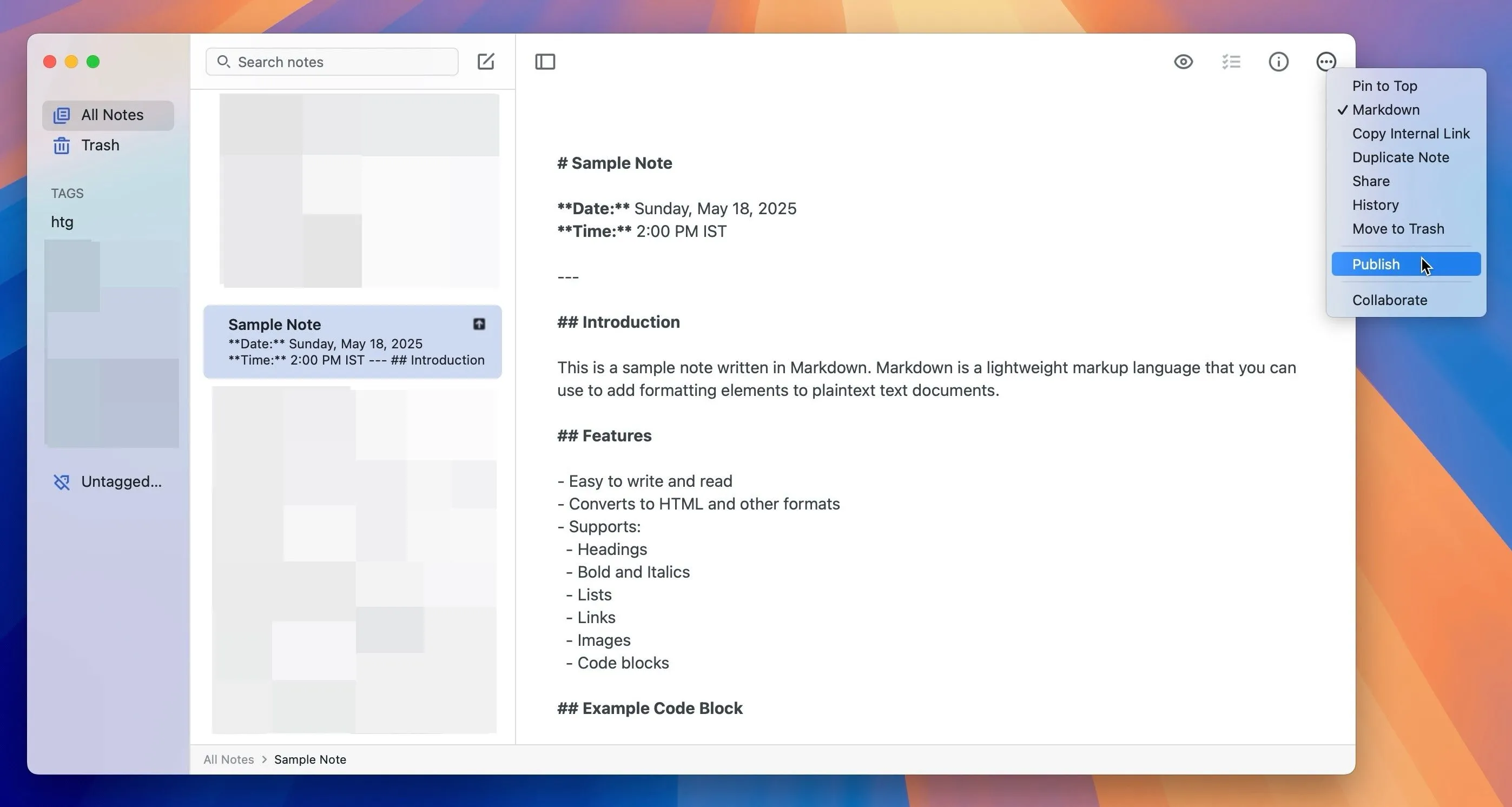 Tùy chọn &quot;Publish to Web&quot; trong Simplenote giúp xuất bản ghi chú thành trang web công khai để chia sẻ dễ dàng.