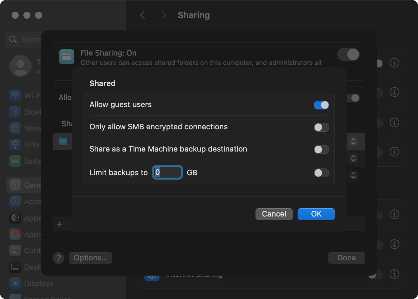 Tùy chọn &quot;Share as a Time Machine backup destination&quot; trong cài đặt chia sẻ thư mục trên macOS.