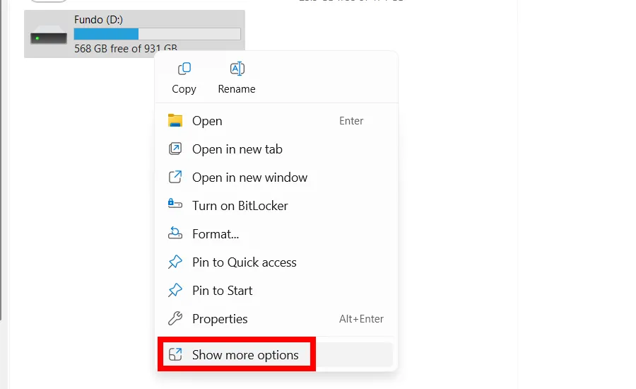Tùy chọn 'Show More Options' để truy cập menu chuột phải cổ điển trên Windows 11.