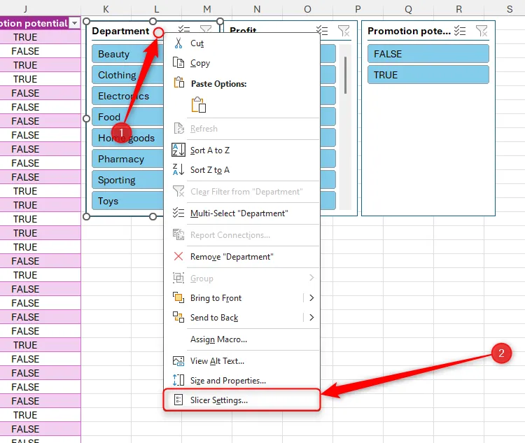 Tùy chọn &quot;Slicer Settings&quot; khi nhấp chuột phải vào Slicer để tùy chỉnh công cụ lọc này trong Excel.