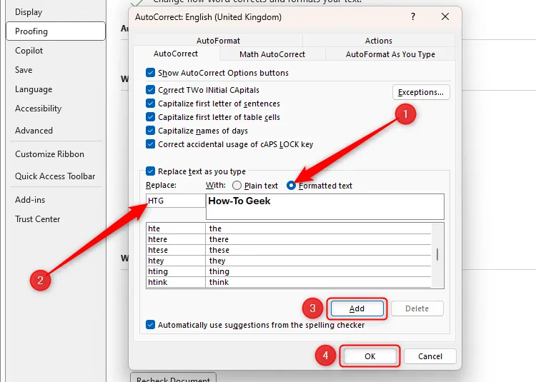 Tùy chọn văn bản đã định dạng được chọn trong AutoCorrect Word, hiển thị văn bản in đậm