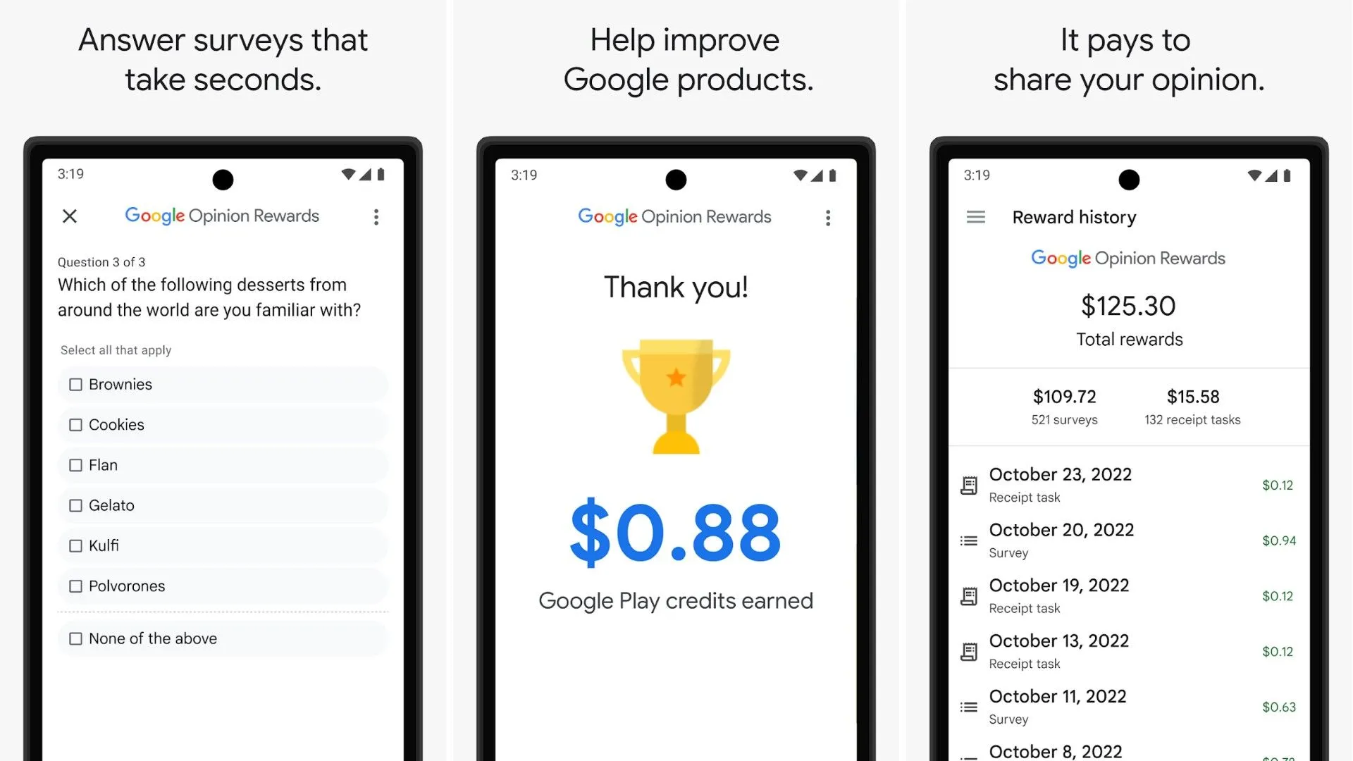 Ứng dụng Google Opinion Rewards hiển thị người dùng đang dùng ứng dụng và nhận tiền