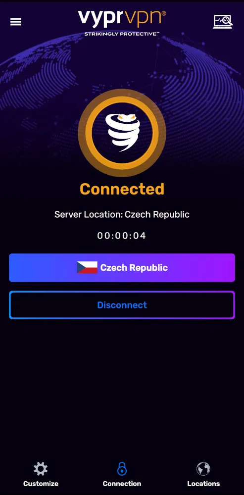 Ứng dụng VyprVPN hiển thị trạng thái đã kết nối với thông tin máy chủ và thời gian kết nối