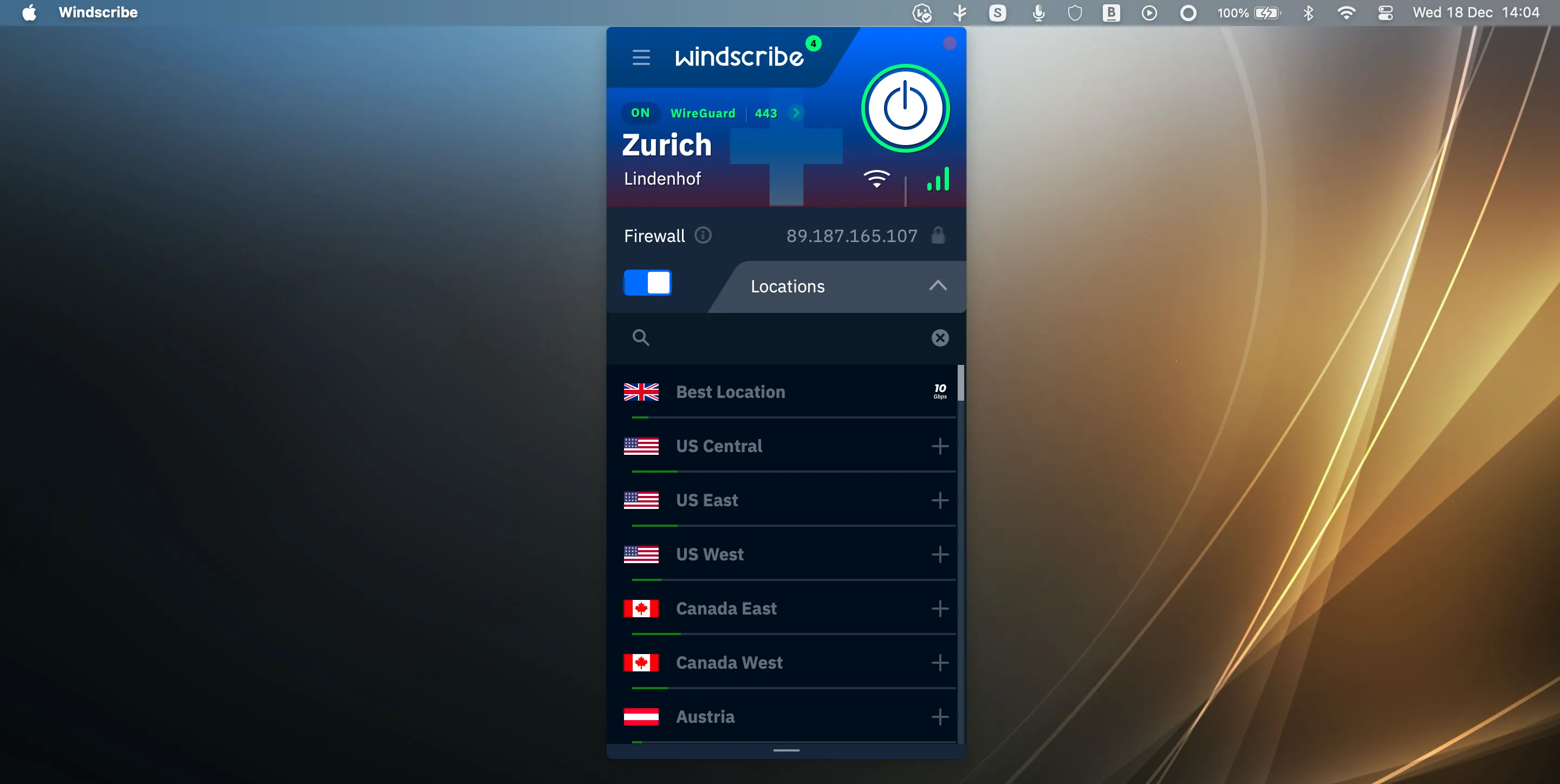Ứng dụng Windscribe VPN hiển thị trong thanh menu của macOS, dễ dàng truy cập