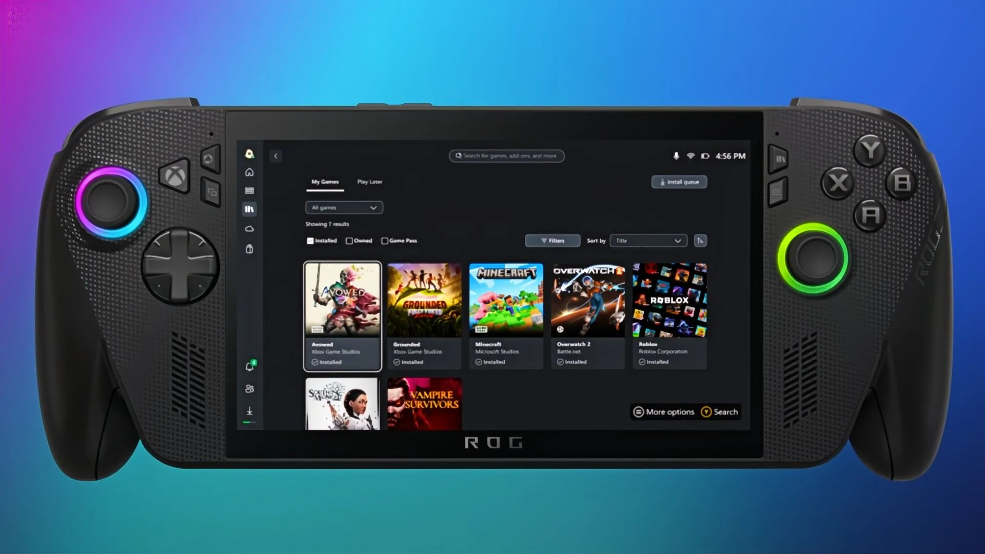 Ứng dụng Xbox hiển thị các tựa game như Avowed và Grounded trên thiết bị chơi game cầm tay ROG Ally.