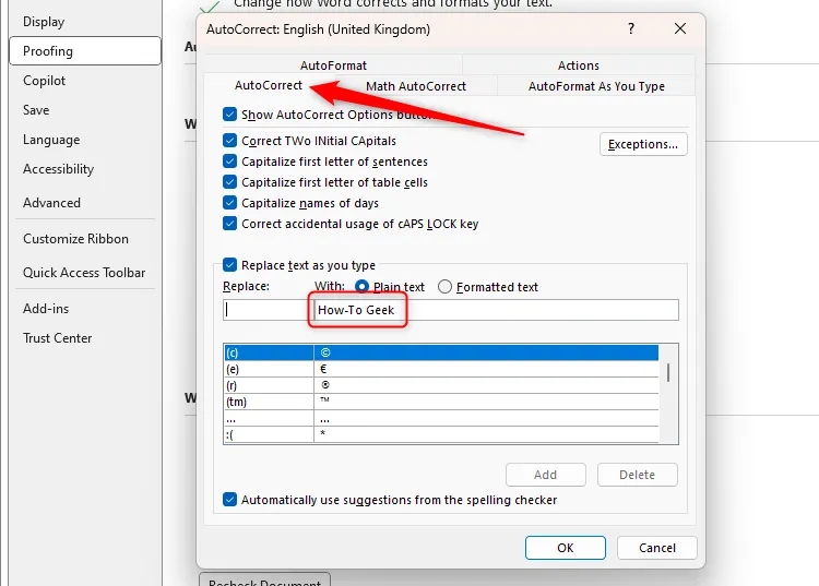 Văn bản &quot;How-To Geek&quot; được hiển thị trong trường &quot;With&quot; của hộp thoại AutoCorrect