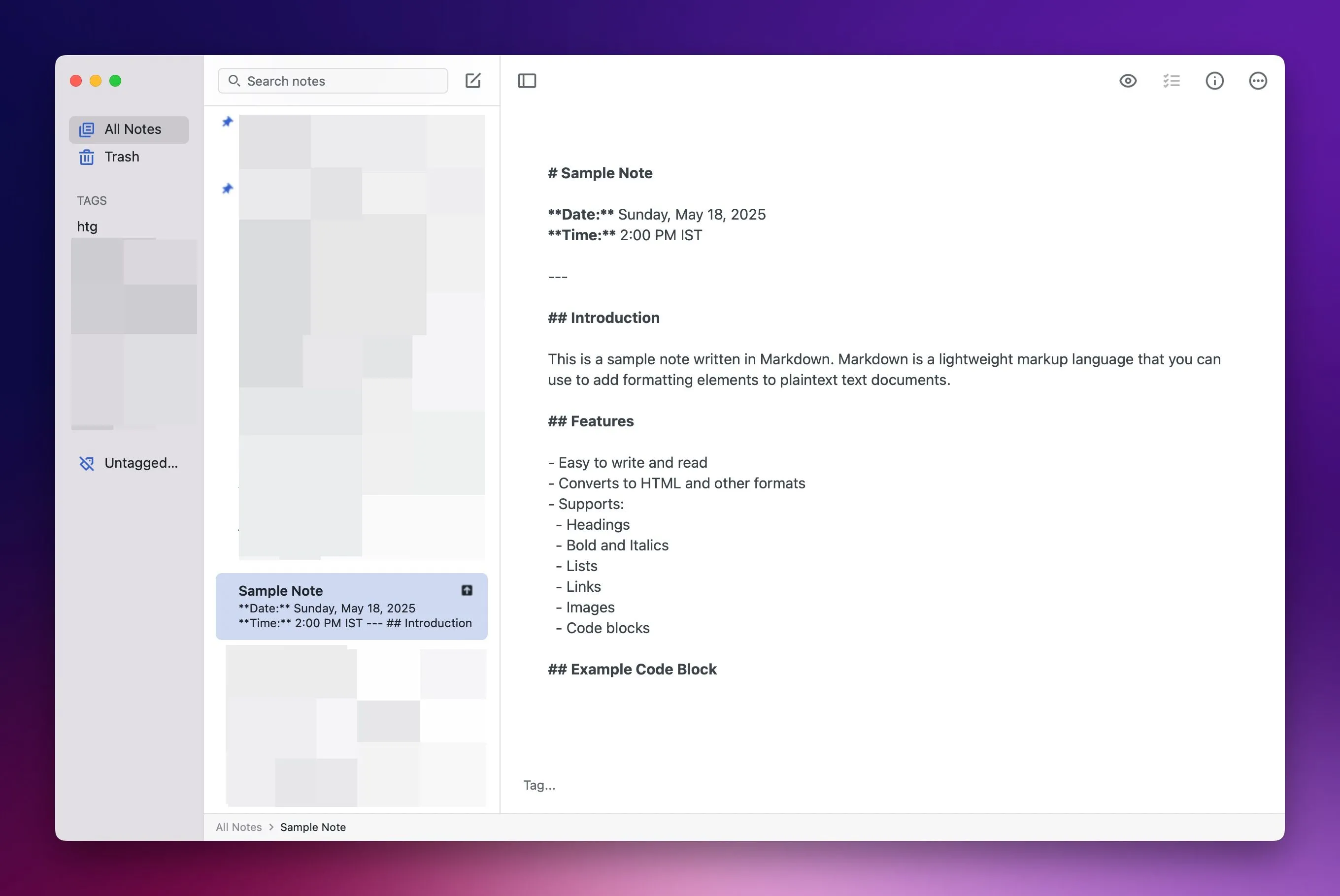 Ví dụ về cách sử dụng Markdown trong Simplenote để định dạng văn bản ghi chú, thể hiện các ký hiệu Markdown.