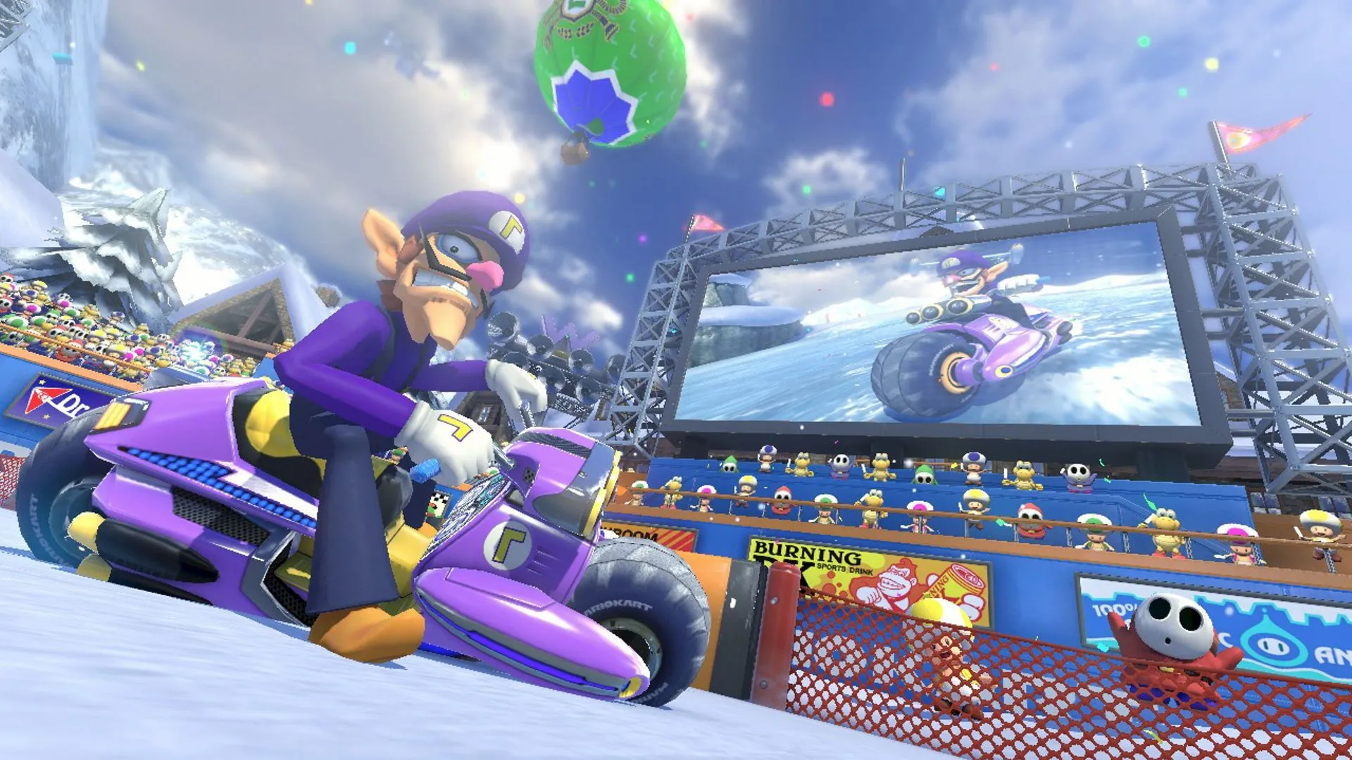 Waluigi ăn mừng sau khi hoàn thành đường đua Mount Wario đầy thử thách trong Mario Kart 8 Deluxe