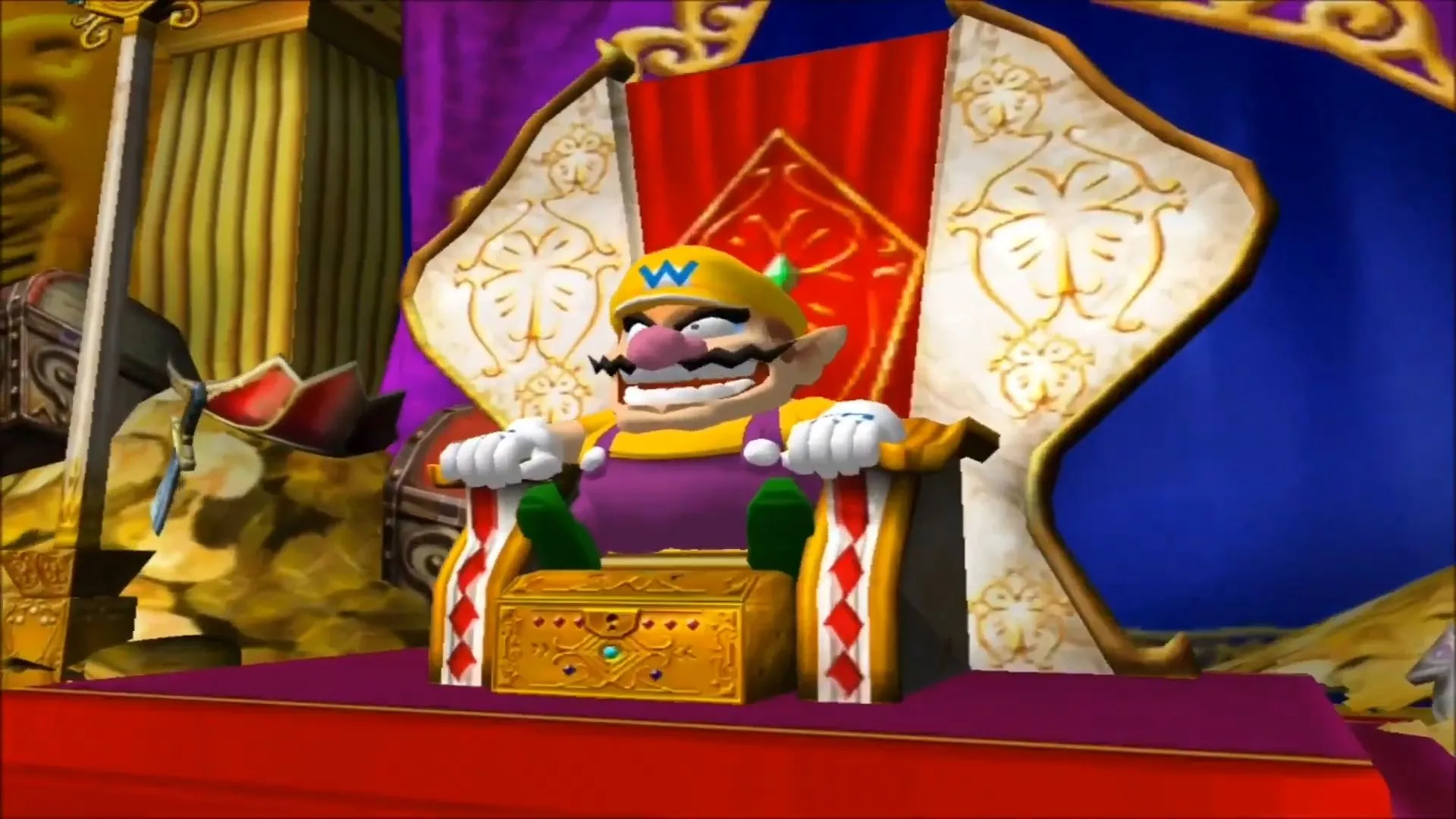 Wario ngồi trên ngai vàng trong game Wario World.